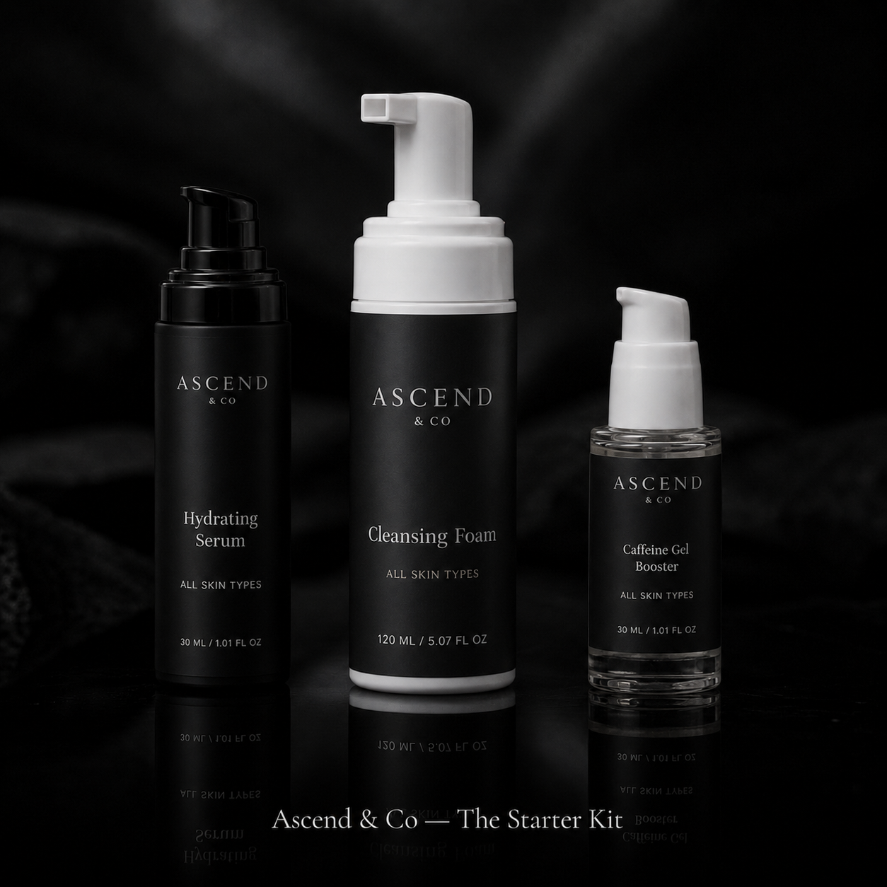 Ascend & Co skincare starter kit with serum, cleansing foam, and gel booster on a dark background