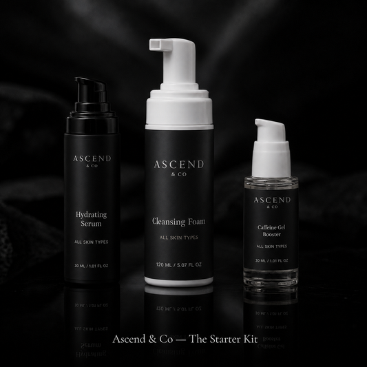 Ascend & Co skincare starter kit with serum, cleansing foam, and gel booster on a dark background